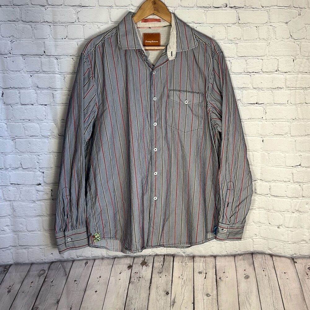 Tommy Bahama Mens Orange Blue Striped Long Sleeve Shirt size L Large Button Down